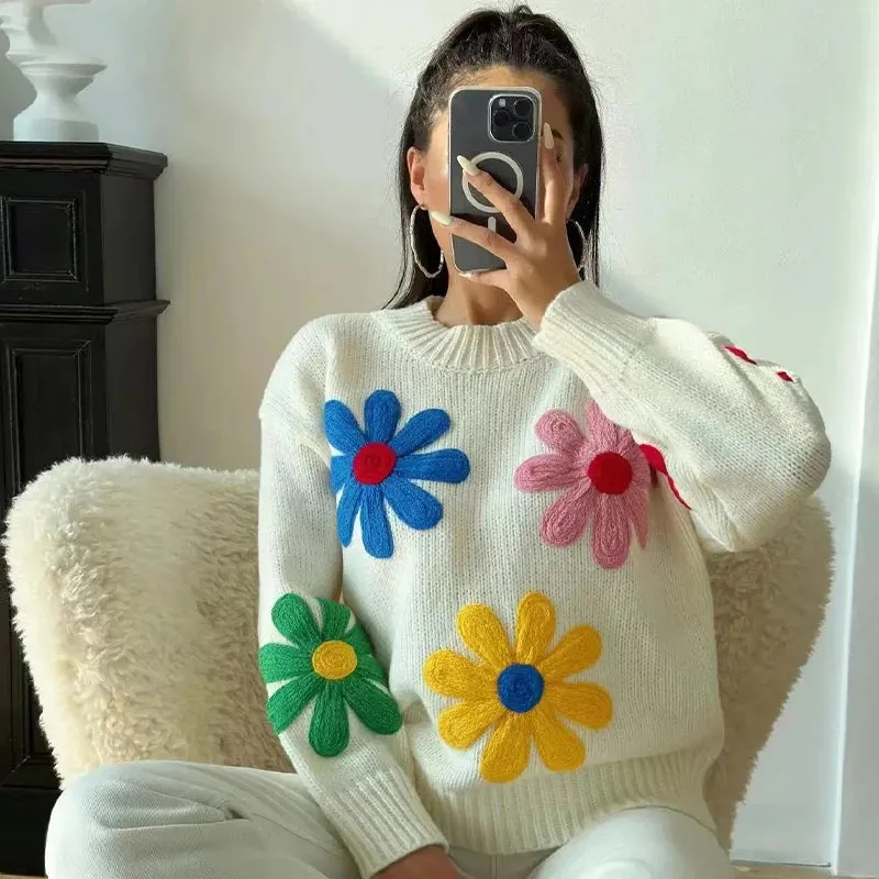 TAVIMART  -  Autumn Knitted Women Sweater Sweet Flower Loose Long Sleeve O-neck Female Pullovers 2025 New Casual Loose Ladies Tops Streetwear