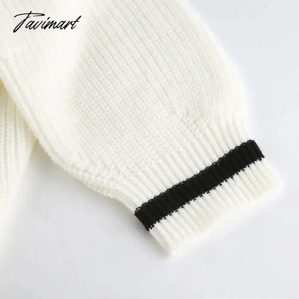 Tavimart Loose Fashion Color Block Sweater Tops Autumn Winter Ladies Knitted Sweater Women V Neck Long Sleeve Jumper Pullovers Top