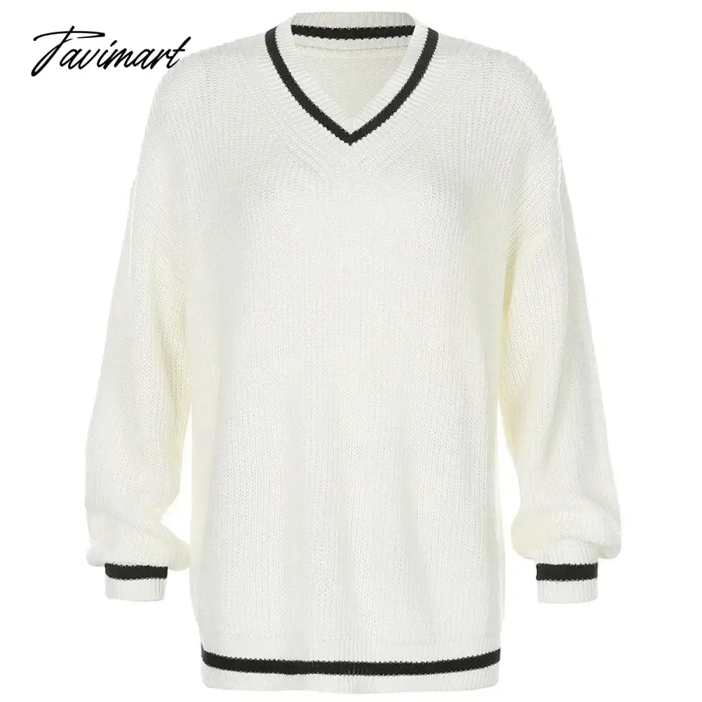 Tavimart Loose Fashion Color Block Sweater Tops Autumn Winter Ladies Knitted Sweater Women V Neck Long Sleeve Jumper Pullovers Top