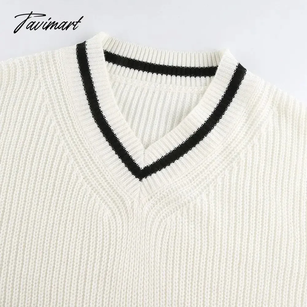 Tavimart Loose Fashion Color Block Sweater Tops Autumn Winter Ladies Knitted Sweater Women V Neck Long Sleeve Jumper Pullovers Top