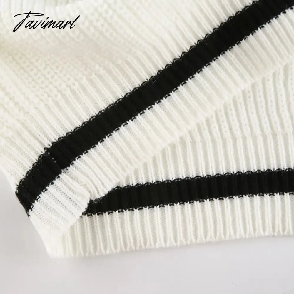 Tavimart Loose Fashion Color Block Sweater Tops Autumn Winter Ladies Knitted Sweater Women V Neck Long Sleeve Jumper Pullovers Top