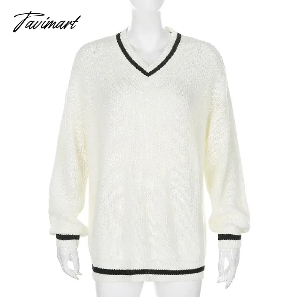 Tavimart Loose Fashion Color Block Sweater Tops Autumn Winter Ladies Knitted Sweater Women V Neck Long Sleeve Jumper Pullovers Top