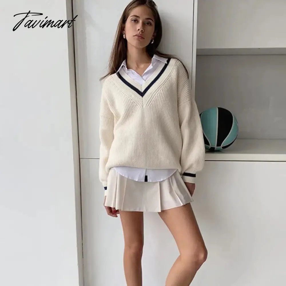 Tavimart Loose Fashion Color Block Sweater Tops Autumn Winter Ladies Knitted Sweater Women V Neck Long Sleeve Jumper Pullovers Top