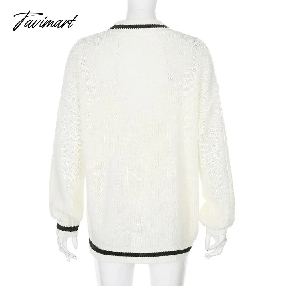 Tavimart Loose Fashion Color Block Sweater Tops Autumn Winter Ladies Knitted Sweater Women V Neck Long Sleeve Jumper Pullovers Top