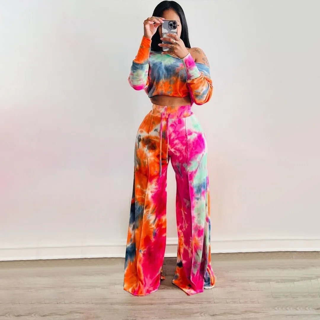 Tracksuit Off Shoulder Long Sleeve T-shirt and Loose Pants Two 2 Piece Sets