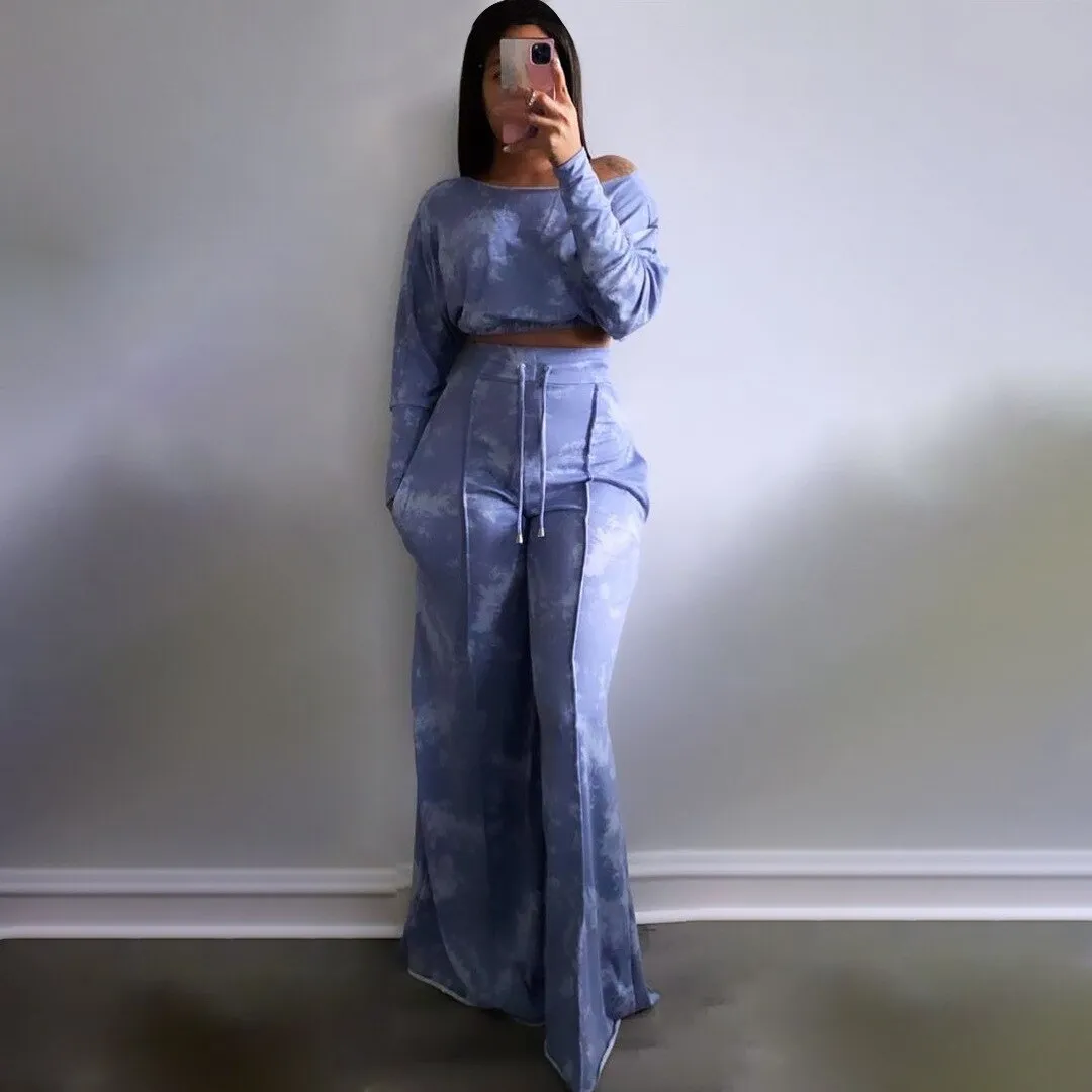 Tracksuit Off Shoulder Long Sleeve T-shirt and Loose Pants Two 2 Piece Sets