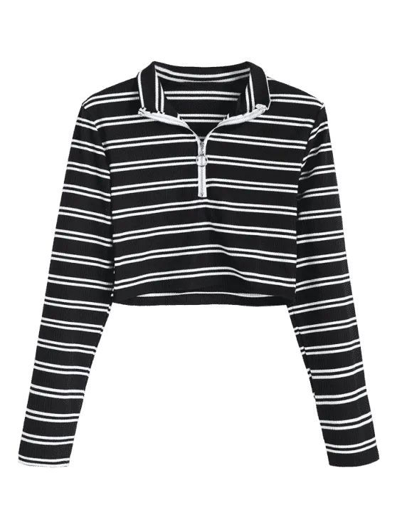 Unique High Neck Half Zip Striped Knitted Top