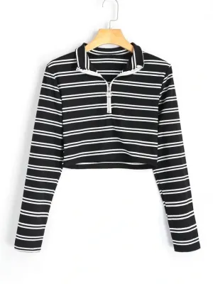 Unique High Neck Half Zip Striped Knitted Top