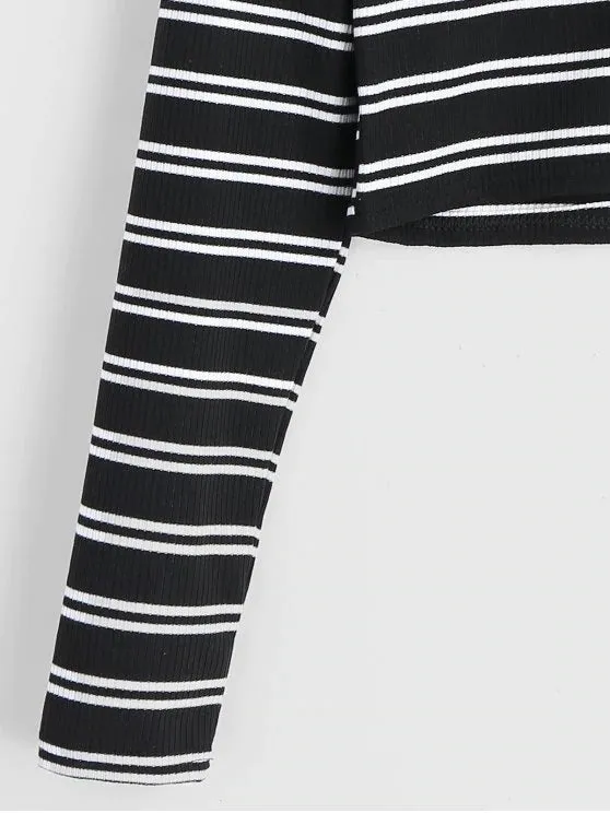Unique High Neck Half Zip Striped Knitted Top