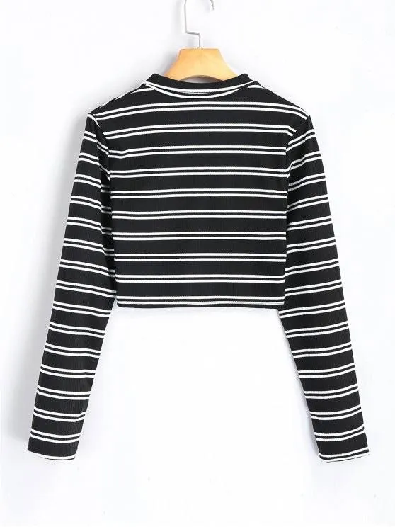 Unique High Neck Half Zip Striped Knitted Top