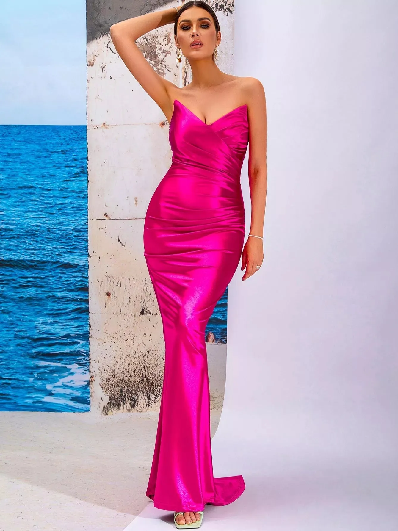 V Neck Tube Top Open Back Mermaid Dress
