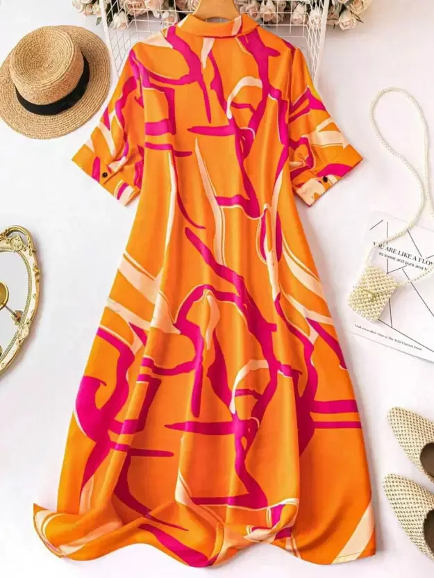 Vibrant Orange Printed A-Line Shirt Dress