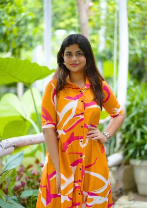 Vibrant Orange Printed A-Line Shirt Dress