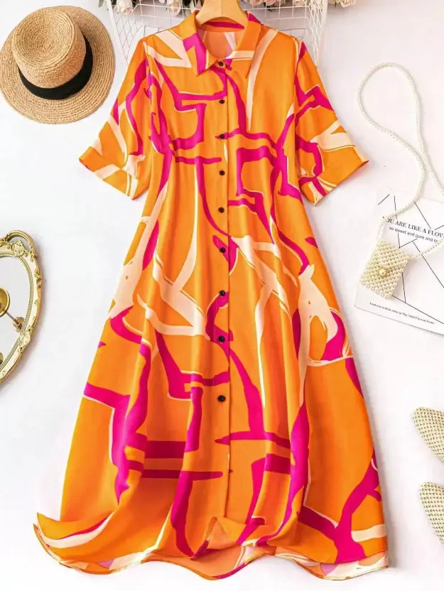 Vibrant Orange Printed A-Line Shirt Dress