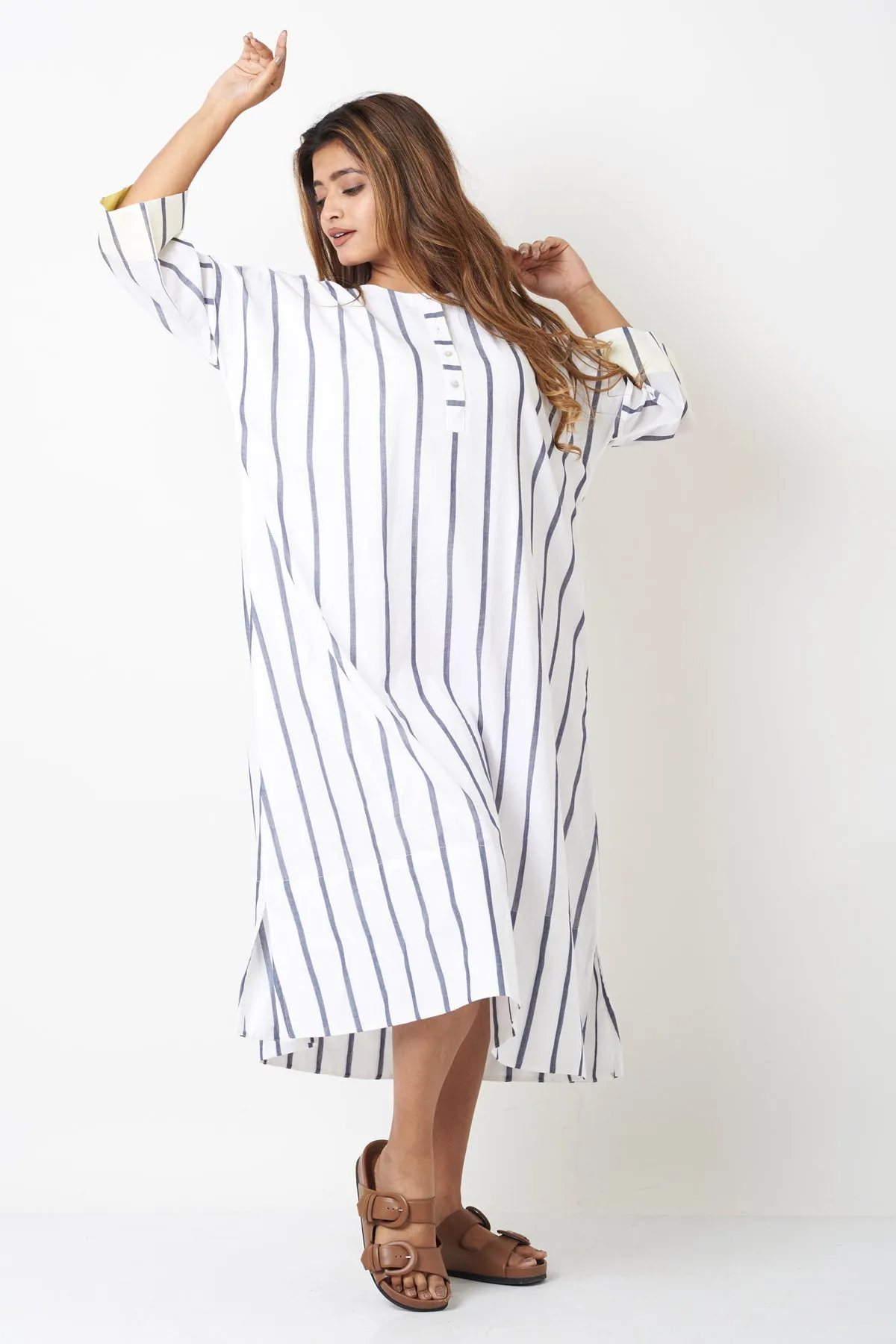 White Cotton Striped Shirt Dress