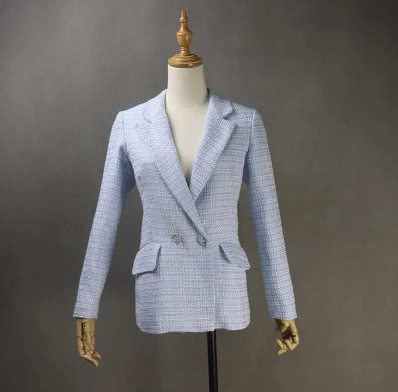 Women's CUSTOM MADE Tweed Blue Jacket Coat Blazer  Dress/ Skirt/ Trousers