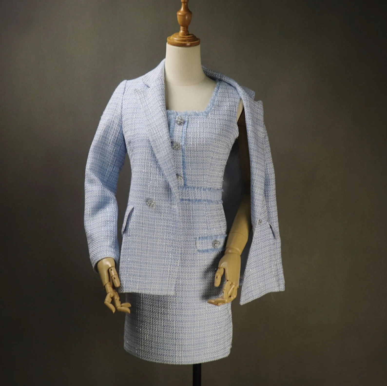 Women's CUSTOM MADE Tweed Blue Jacket Coat Blazer  Dress/ Skirt/ Trousers
