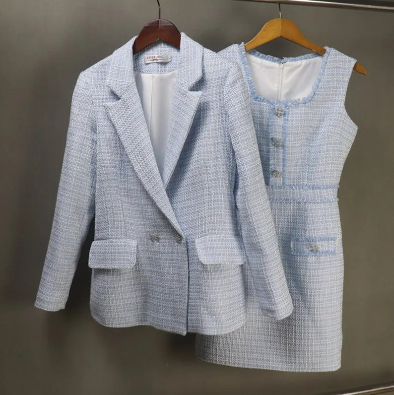 Women's CUSTOM MADE Tweed Blue Jacket Coat Blazer  Dress/ Skirt/ Trousers