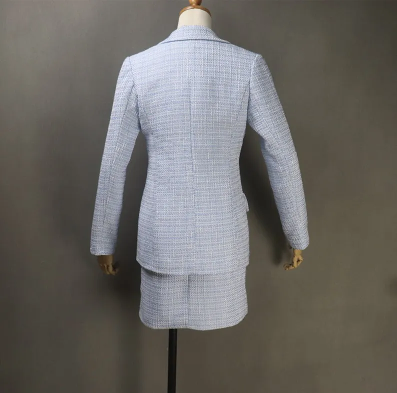 Women's CUSTOM MADE Tweed Blue Jacket Coat Blazer  Dress/ Skirt/ Trousers