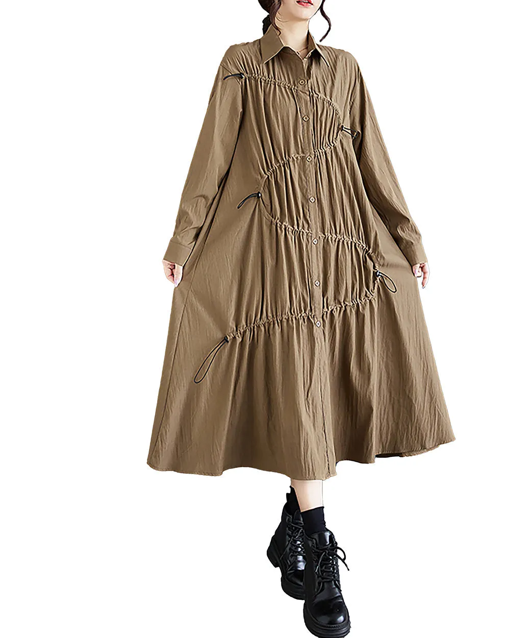 Women's Shirt Dress Long Sleeve Lapel Button Down Drawstrings Flowy Hem Solid Loose Oversize GZ288