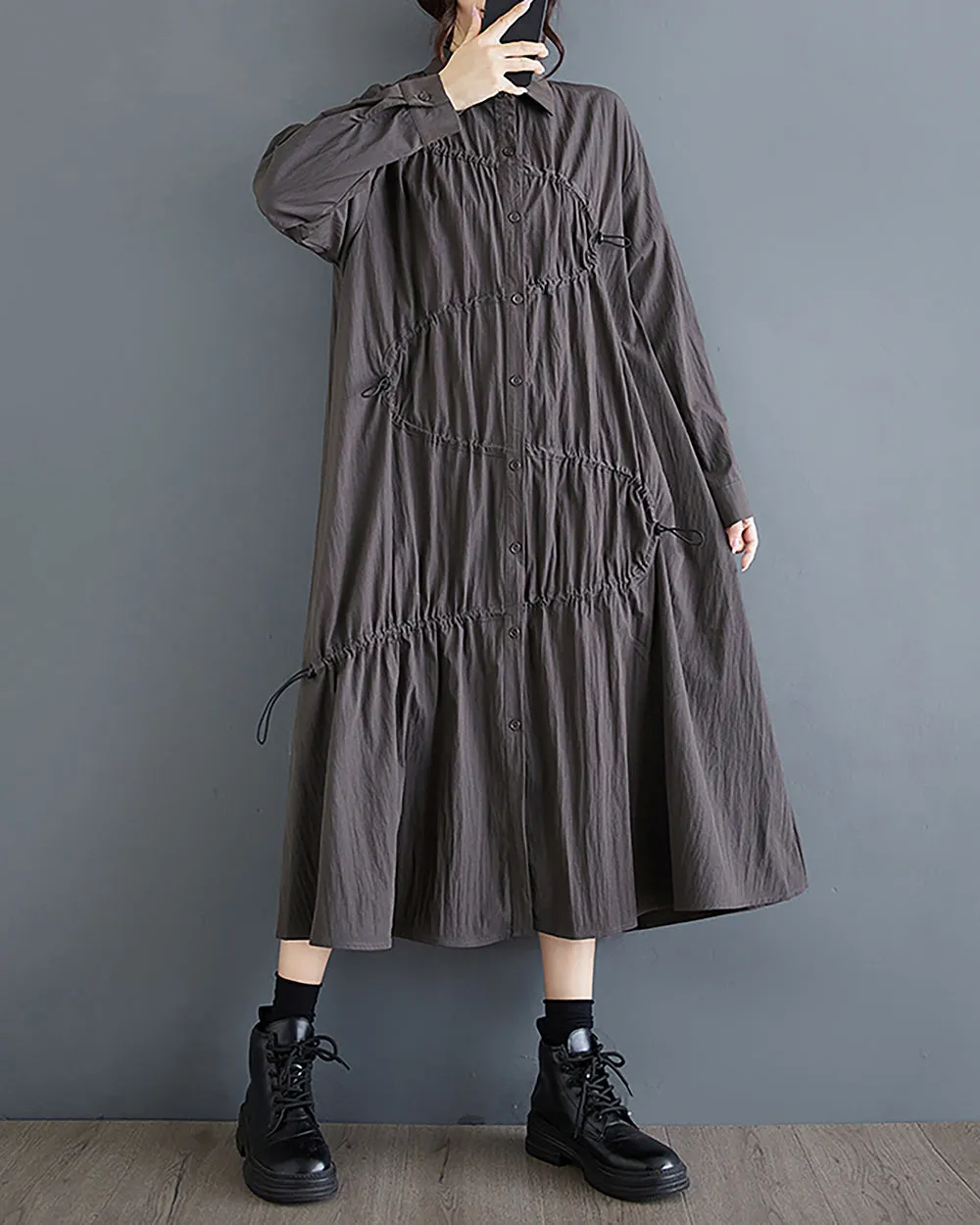 Women's Shirt Dress Long Sleeve Lapel Button Down Drawstrings Flowy Hem Solid Loose Oversize GZ288