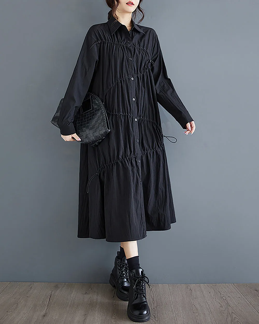 Women's Shirt Dress Long Sleeve Lapel Button Down Drawstrings Flowy Hem Solid Loose Oversize GZ288