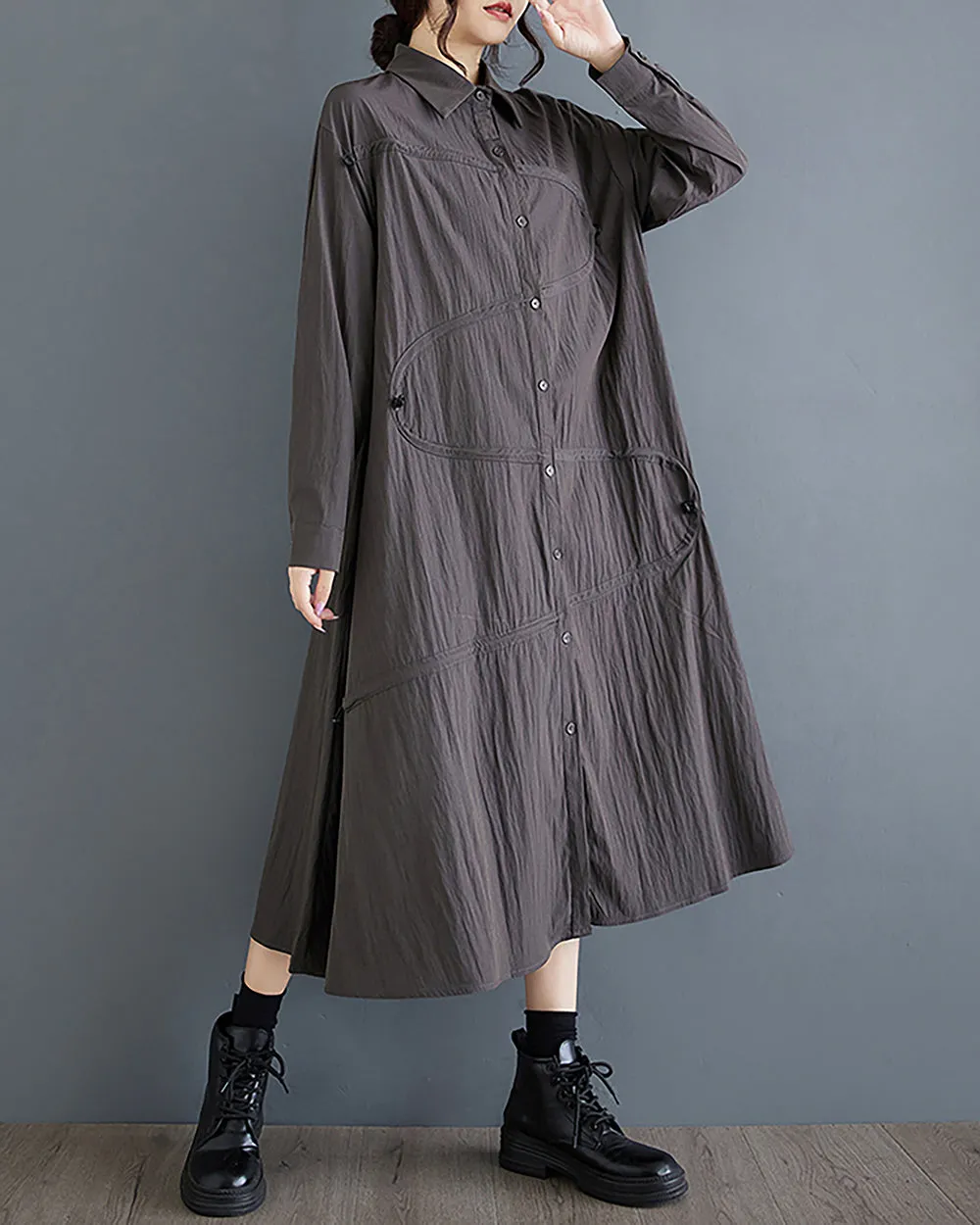 Women's Shirt Dress Long Sleeve Lapel Button Down Drawstrings Flowy Hem Solid Loose Oversize GZ288