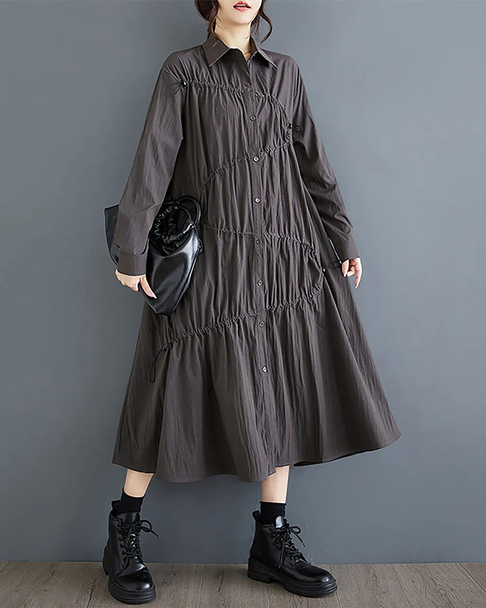 Women's Shirt Dress Long Sleeve Lapel Button Down Drawstrings Flowy Hem Solid Loose Oversize GZ288