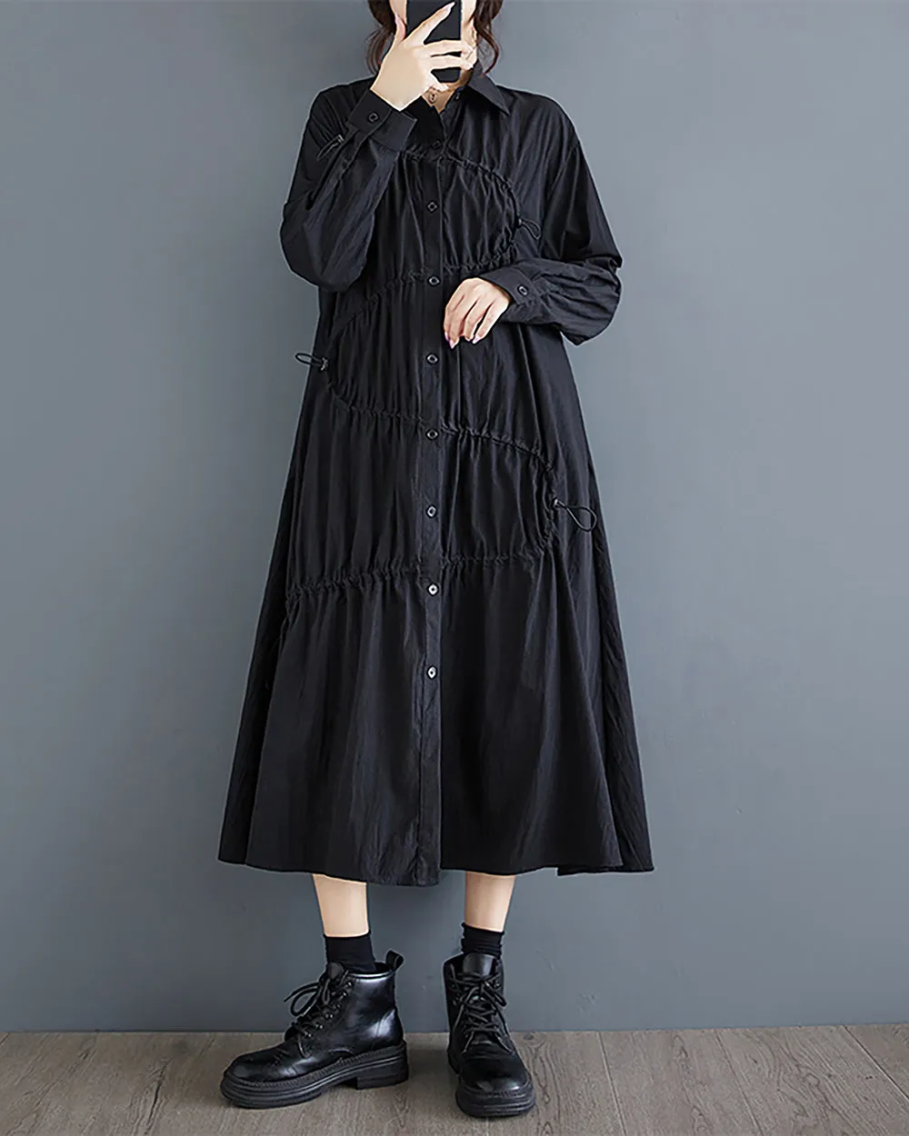 Women's Shirt Dress Long Sleeve Lapel Button Down Drawstrings Flowy Hem Solid Loose Oversize GZ288