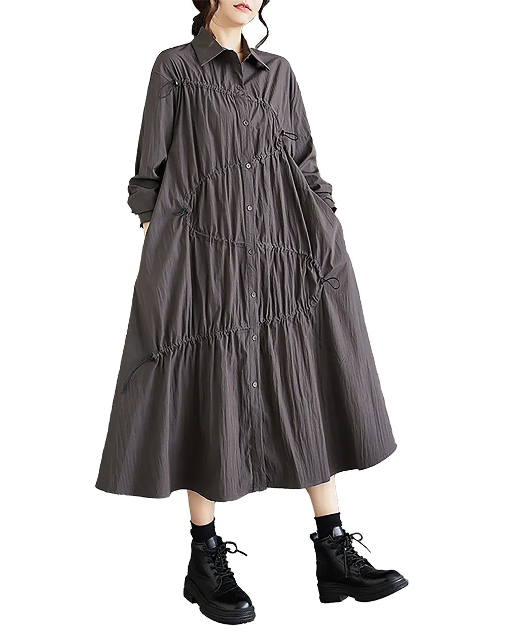 Women's Shirt Dress Long Sleeve Lapel Button Down Drawstrings Flowy Hem Solid Loose Oversize GZ288