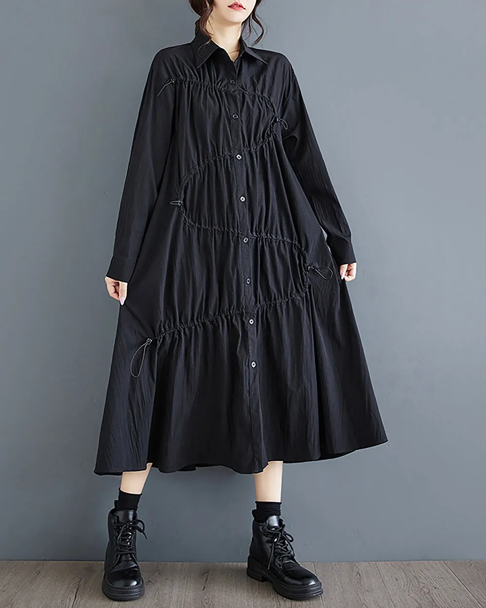 Women's Shirt Dress Long Sleeve Lapel Button Down Drawstrings Flowy Hem Solid Loose Oversize GZ288