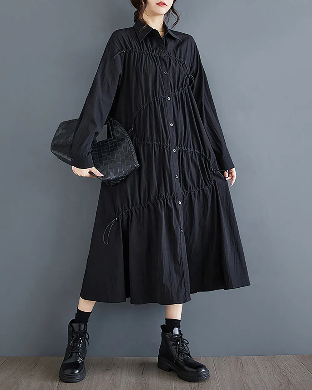 Women's Shirt Dress Long Sleeve Lapel Button Down Drawstrings Flowy Hem Solid Loose Oversize GZ288