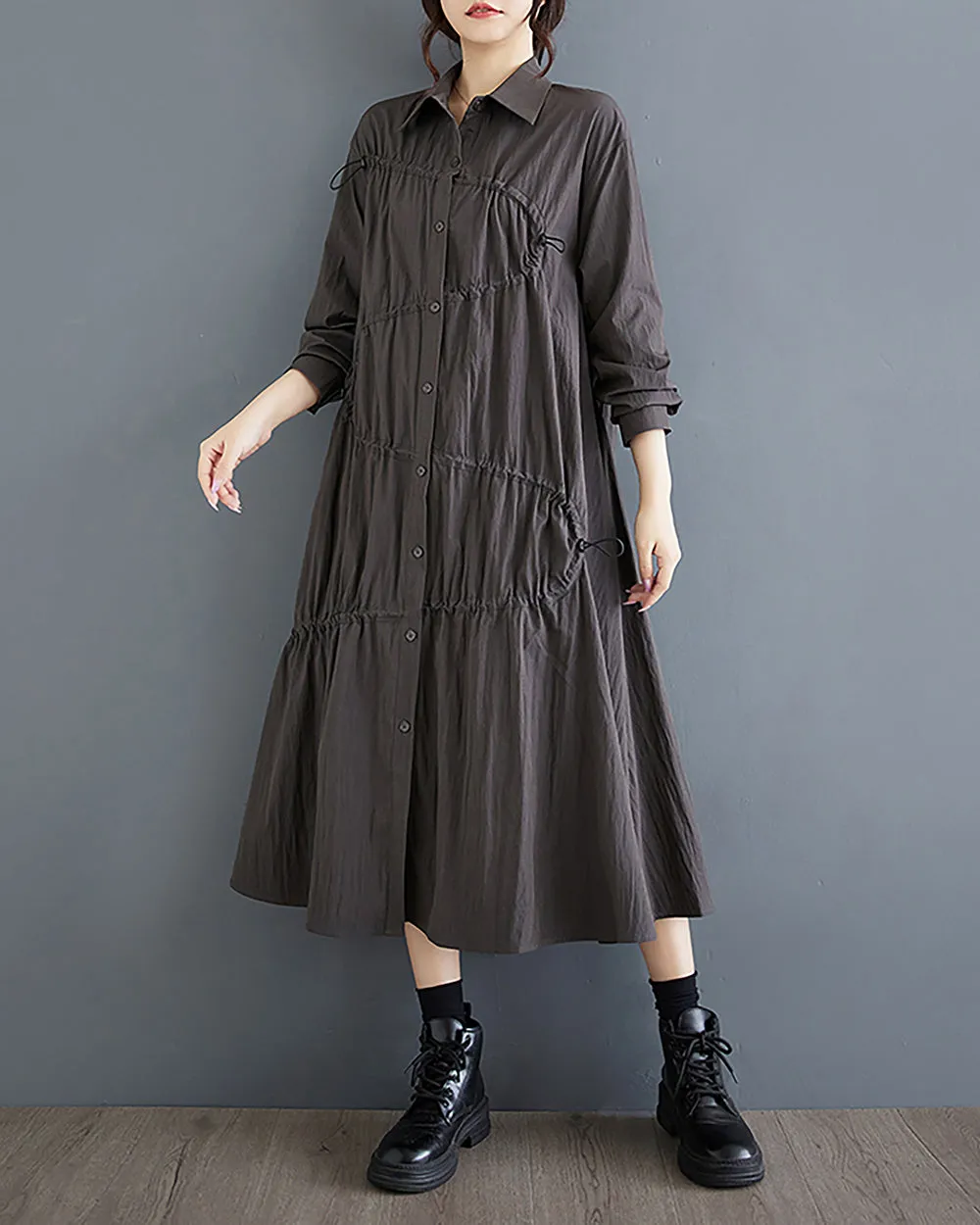 Women's Shirt Dress Long Sleeve Lapel Button Down Drawstrings Flowy Hem Solid Loose Oversize GZ288