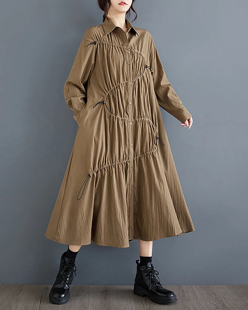 Women's Shirt Dress Long Sleeve Lapel Button Down Drawstrings Flowy Hem Solid Loose Oversize GZ288