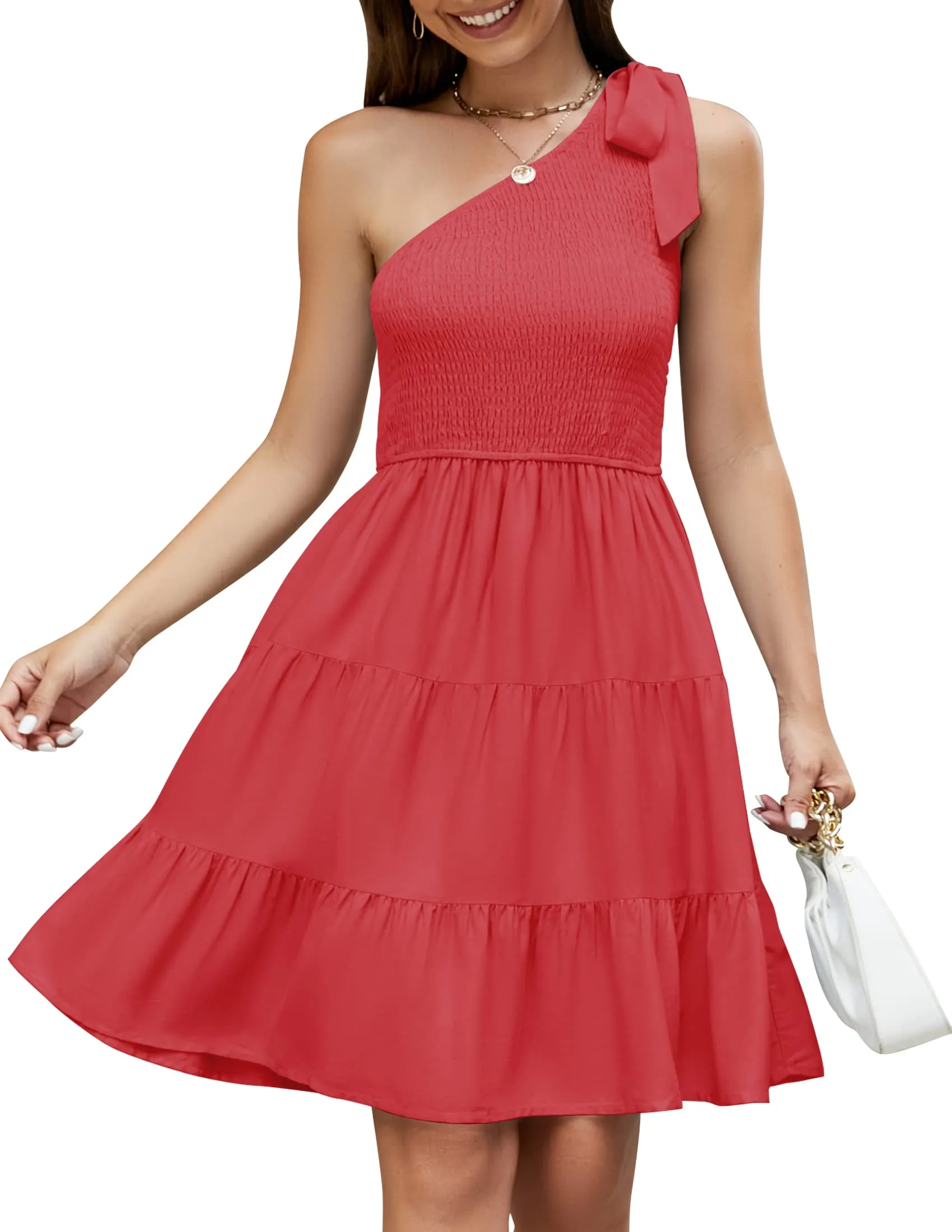 ZESICA One Shoulder Sleeveless Smocked Ruffle Mini Dress